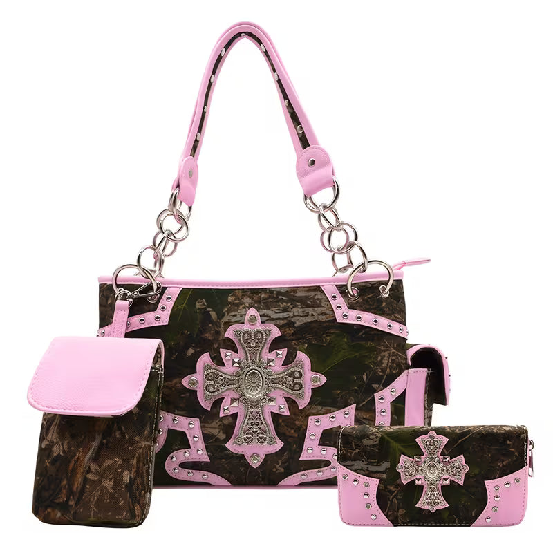 Western Camouflage Studded Handbag and Wallet Set interior view