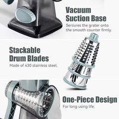 Rotary Food & Cheese Grater 6 Stainless Steel Blades with Suction Base
