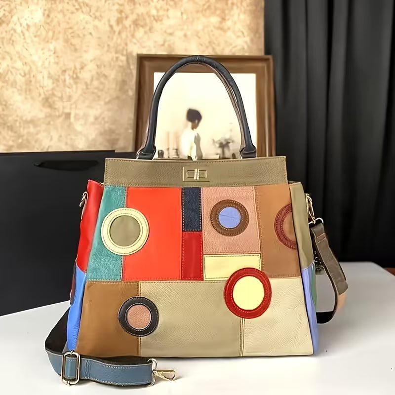 Genuine Leather Women's Color-Block Handbag interior view