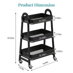 3 Tier Rolling Utility Storage Cart Lockable Wheels for Kitchen, Bathroom & Office