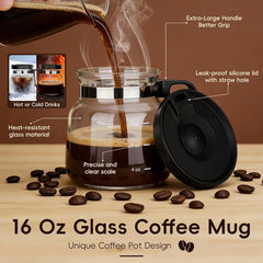 16oz Glass Coffee Mug with Lid Mini Coffee Pot Design, Heat Resistant Drinkware
