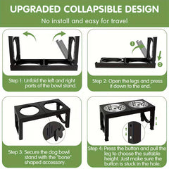 Foldable Elevated Dog Bowls – Adjustable 5-Height Stand with 2 Stainless Steel Bowls