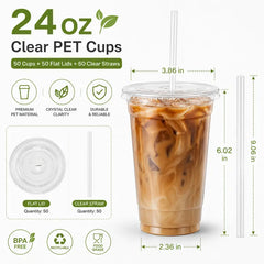 50 Pack Iced Coffee Cups with Lids & Straws Clear Disposable Cold Drink Cups