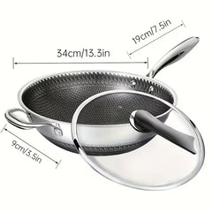 13.3-Inch Stainless Steel Nonstick Wok – Honeycomb Design with Lid & Accessories