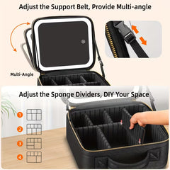 Travel Makeup Bag with LED Mirror Rechargeable 3 Color Light & Cosmetic Organizer