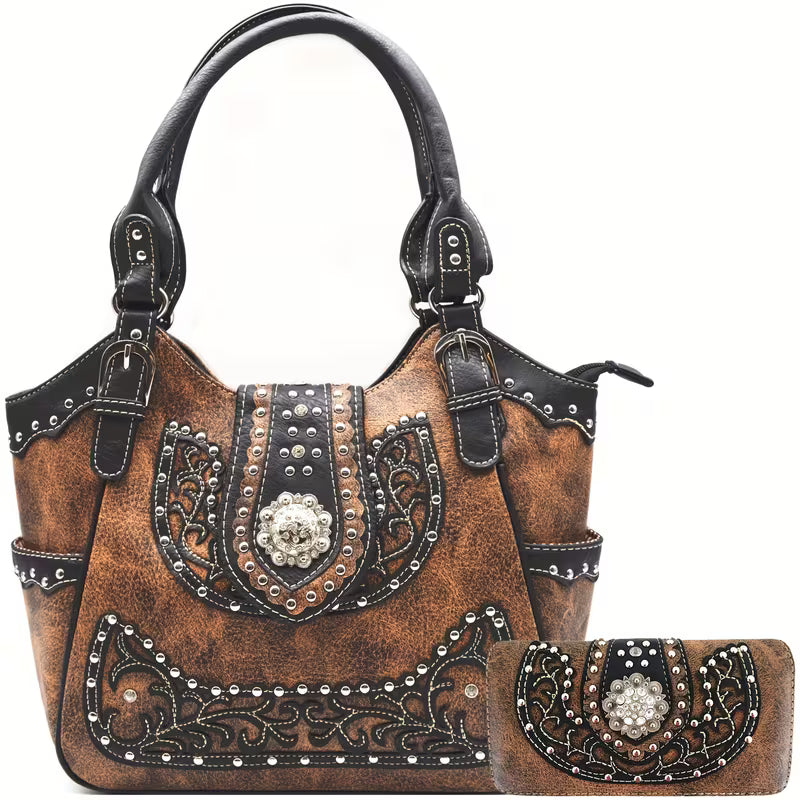 Cowgirl Rhinestone Studded Handbag and Wallet Set studded design