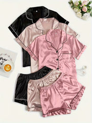 6-piece satin short-sleeve shirt and shorts pajama set