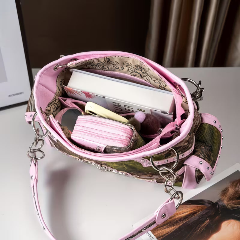 Western Camouflage Studded Handbag and Wallet Set with wallet