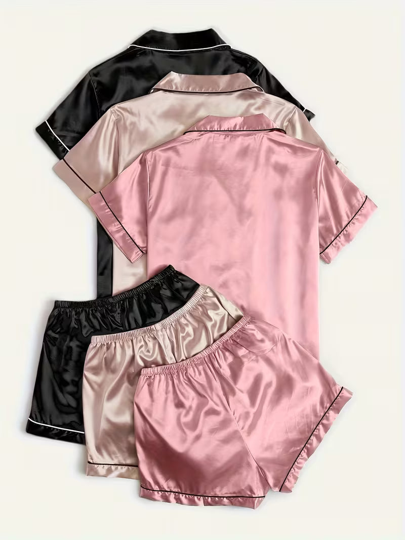 6-piece satin short-sleeve shirt and shorts pajama set