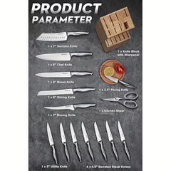 15-Piece Kitchen Knife Set with Block & Sharpener