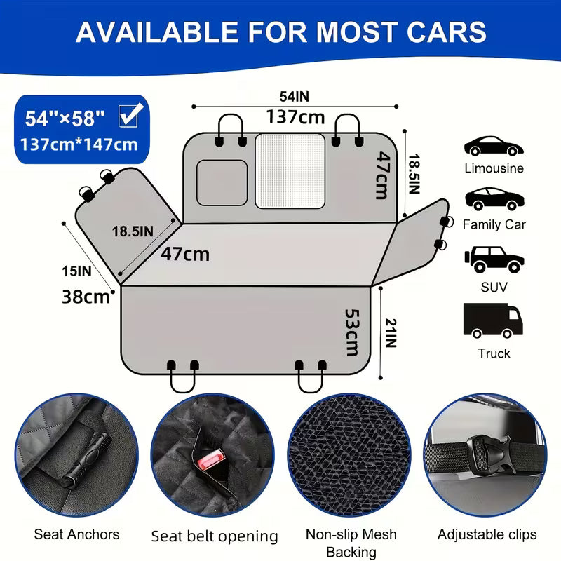 Nylon Dog Car Seat Cover – Waterproof, Scratchproof Pet Hammock with Mesh Windows & Pockets