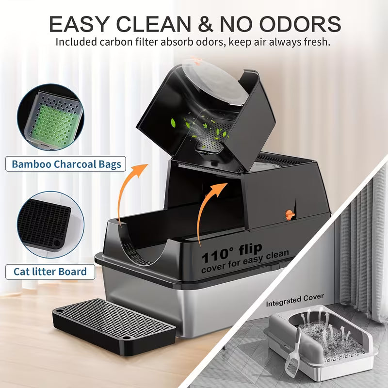 XL Stainless Steel Litter Box – 3-in-1 Flip-Top Design with High Walls