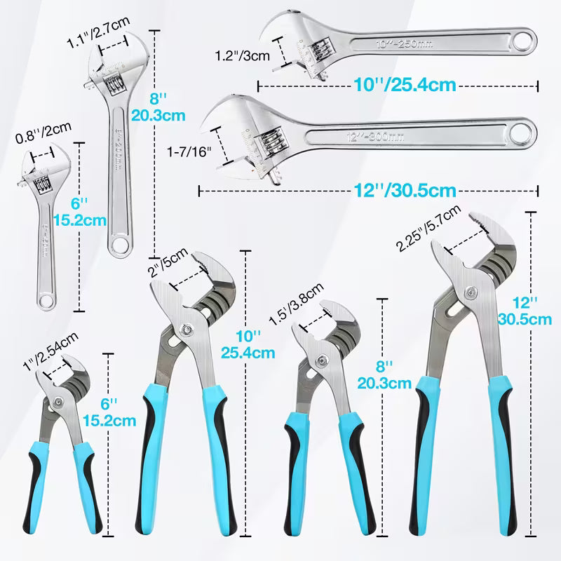 8-Piece Adjustable Wrench & Pliers Set – Forged Steel for Plumbing & Repairs