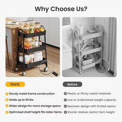 3 Tier Rolling Utility Storage Cart Lockable Wheels for Kitchen, Bathroom & Office