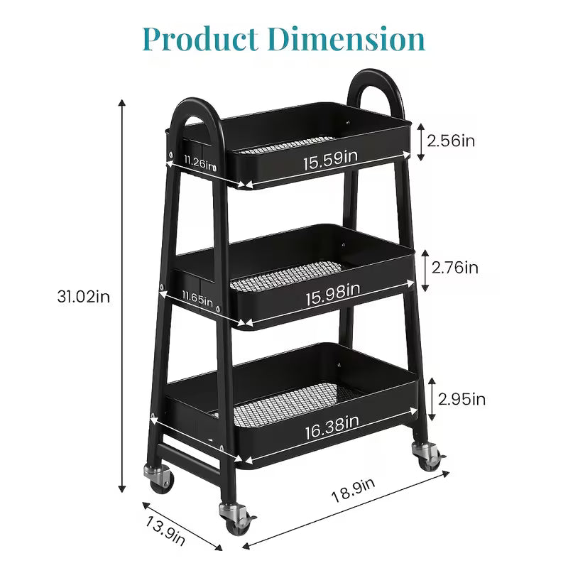 3 Tier Rolling Utility Storage Cart Lockable Wheels for Kitchen, Bathroom & Office