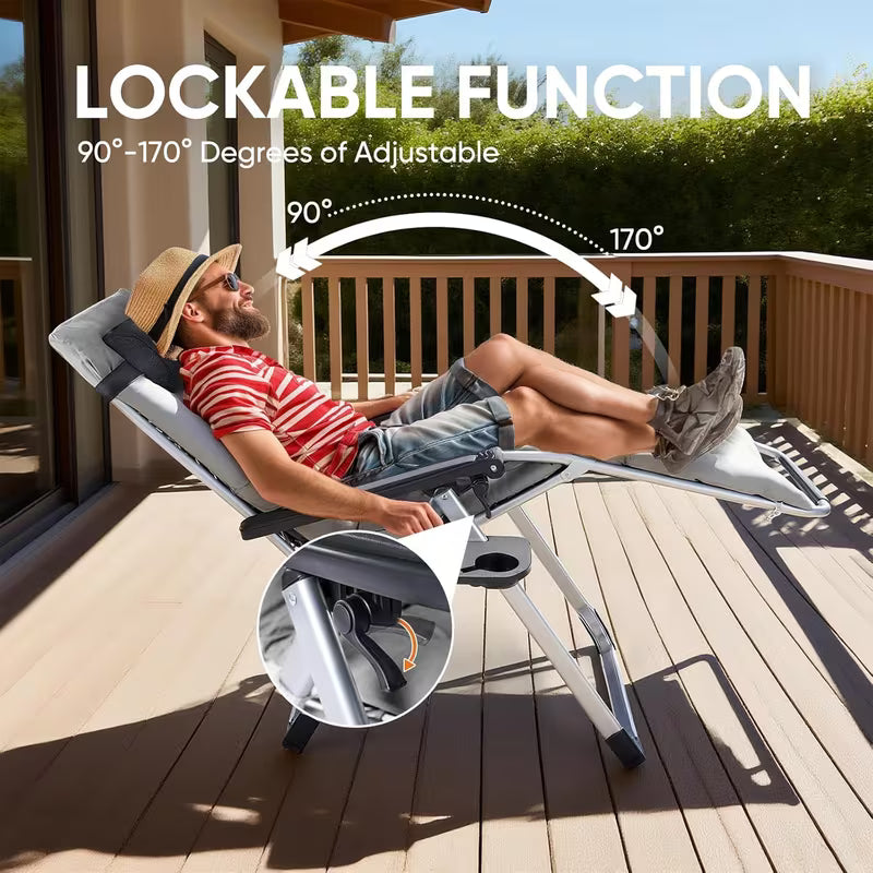 Foldable Outdoor Recliner Chair Adjustable Patio Chair with Cushion & Cup Holders