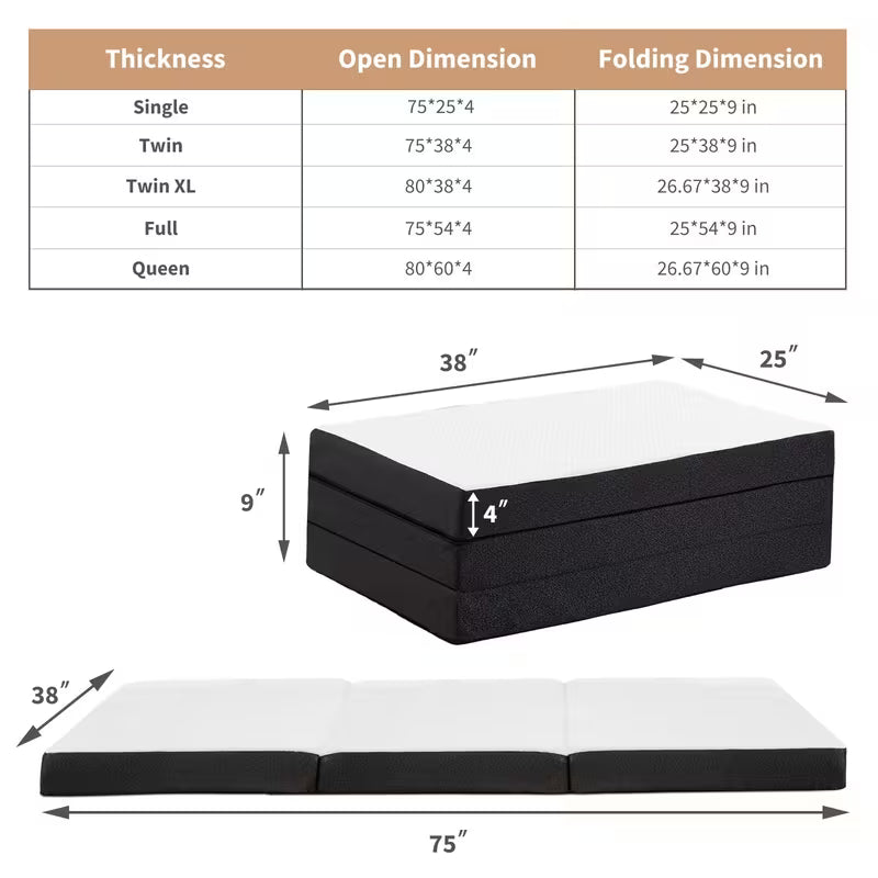Tri Fold Memory Foam Mattress Portable Folding Mattress with Washable Cover