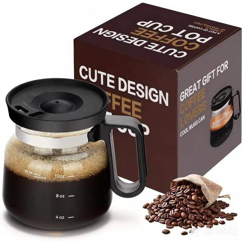 16oz Glass Coffee Mug with Lid Mini Coffee Pot Design, Heat Resistant Drinkware