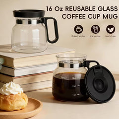 16oz Glass Coffee Mug with Lid Mini Coffee Pot Design, Heat Resistant Drinkware