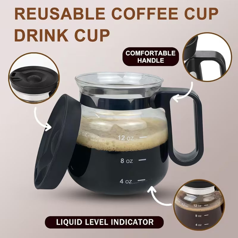 16oz Glass Coffee Mug with Lid Mini Coffee Pot Design, Heat Resistant Drinkware