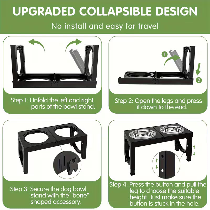 Foldable Elevated Dog Bowls – Adjustable 5-Height Stand with 2 Stainless Steel Bowls