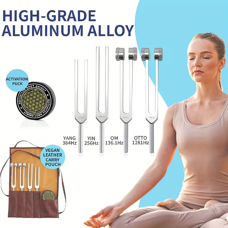 Sound Healing Tuning Fork Set 128Hz, 136.1Hz, 256Hz & 384Hz with Activator