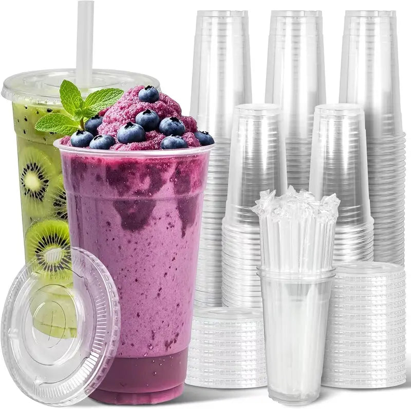 50 Pack Iced Coffee Cups with Lids & Straws Clear Disposable Cold Drink Cups