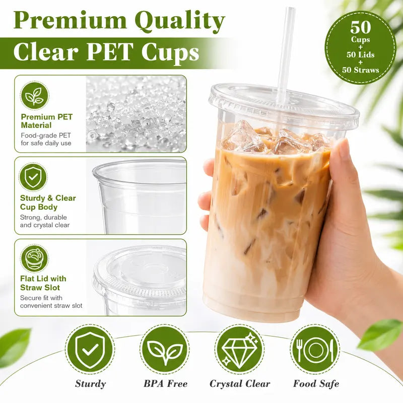 50 Pack Iced Coffee Cups with Lids & Straws Clear Disposable Cold Drink Cups