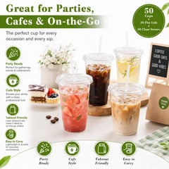 50 Pack Iced Coffee Cups with Lids & Straws Clear Disposable Cold Drink Cups