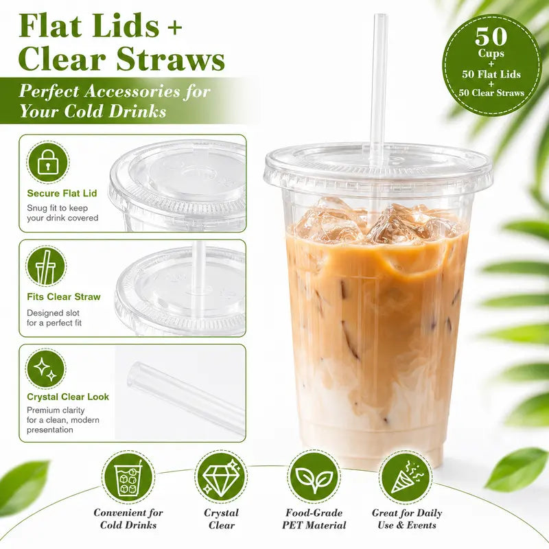 50 Pack Iced Coffee Cups with Lids & Straws Clear Disposable Cold Drink Cups