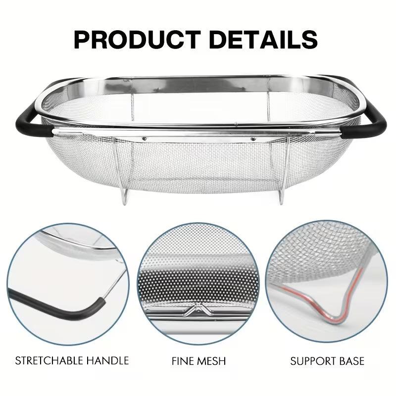 6 Quart Collapsible Stainless Steel Colander Fine Mesh Strainer with Expandable Handles