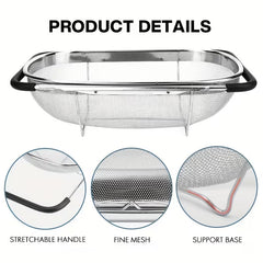 6 Quart Collapsible Stainless Steel Colander Fine Mesh Strainer with Expandable Handles