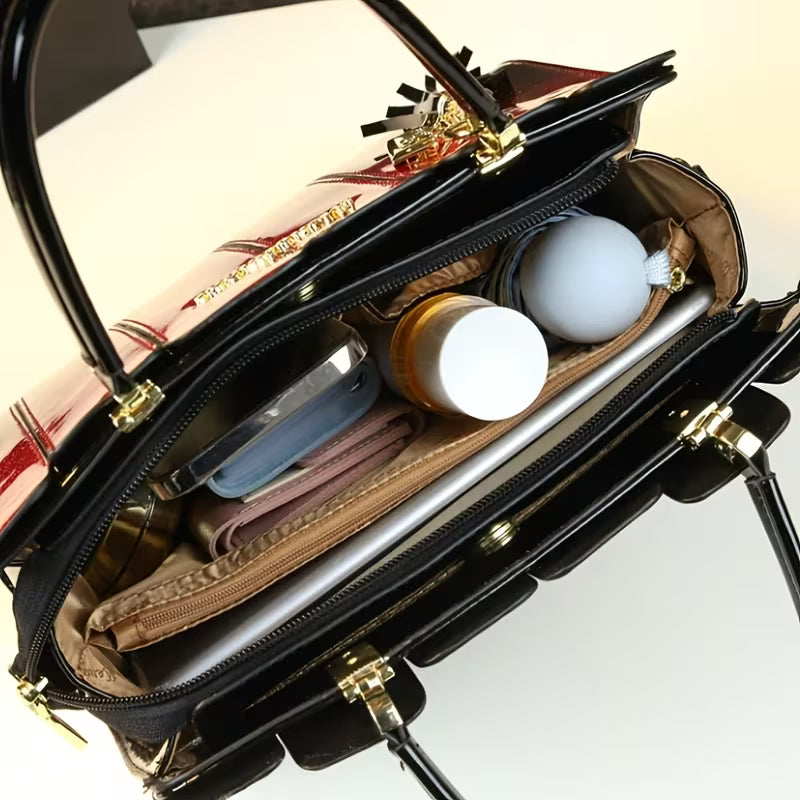 Interior view of the Elegant Sequin Patent Handbag showcasing organized compartments with personal items.