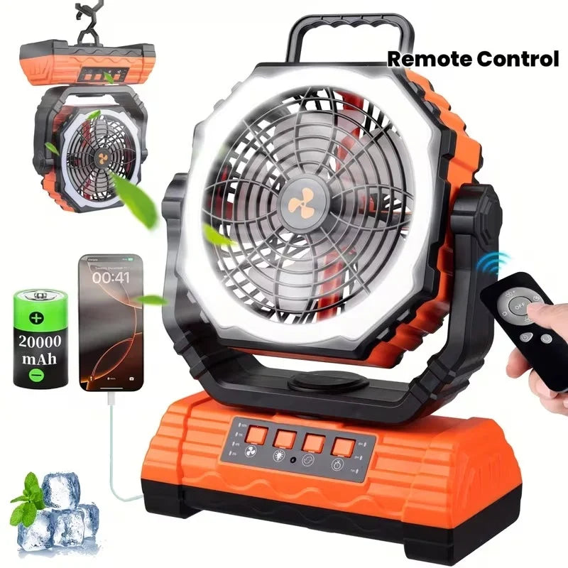 Portable Camping Fan with LED Lantern – 20,000mAh Battery, Dual Motor & Remote Control