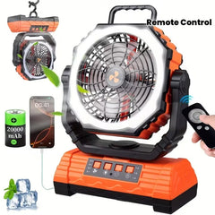 Portable Camping Fan with LED Lantern – 20,000mAh Battery, Dual Motor & Remote Control