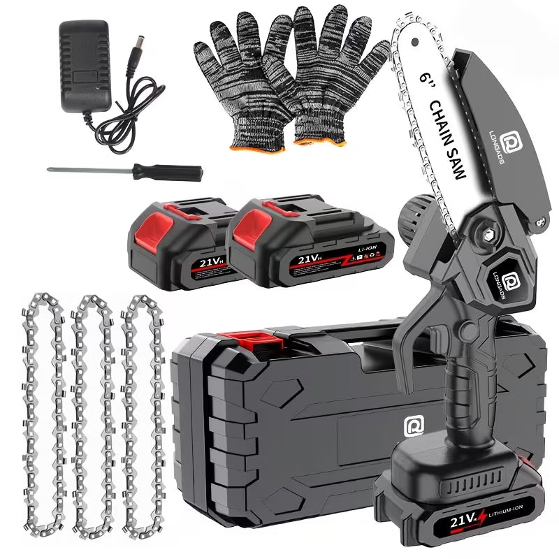 6-Inch Mini Cordless Chainsaw – Rechargeable Battery, Adjustable Chain & Safety Lock