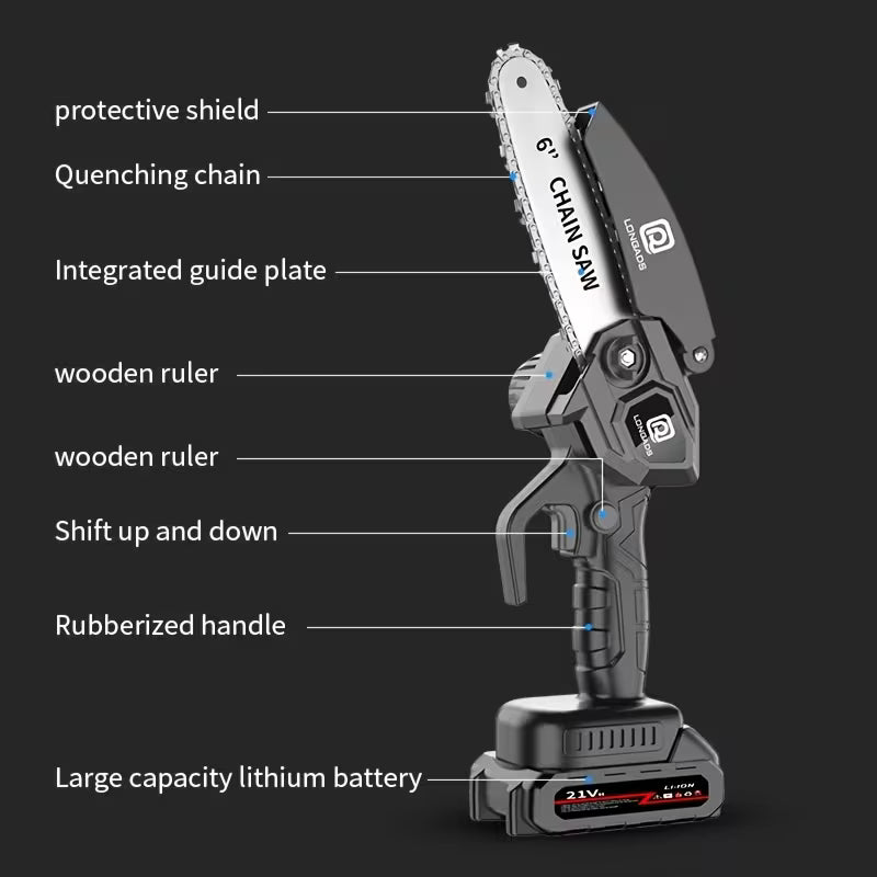 6-Inch Mini Cordless Chainsaw – Rechargeable Battery, Adjustable Chain & Safety Lock