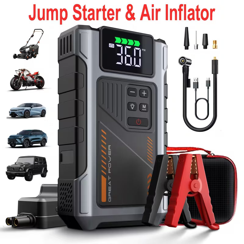 9-in-1 12V Car Jump Starter with Air Compressor, USB & LED Light