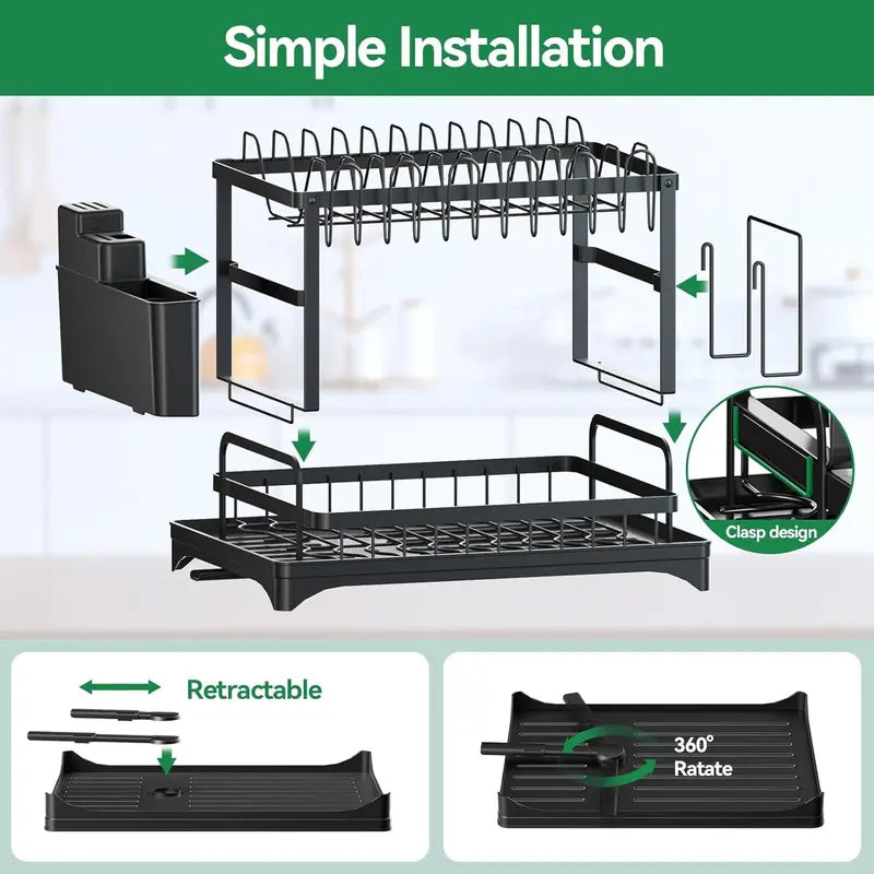 2 Tier Carbon Steel Dish Drying Rack Rapid Drain Tray & Countertop Organizer