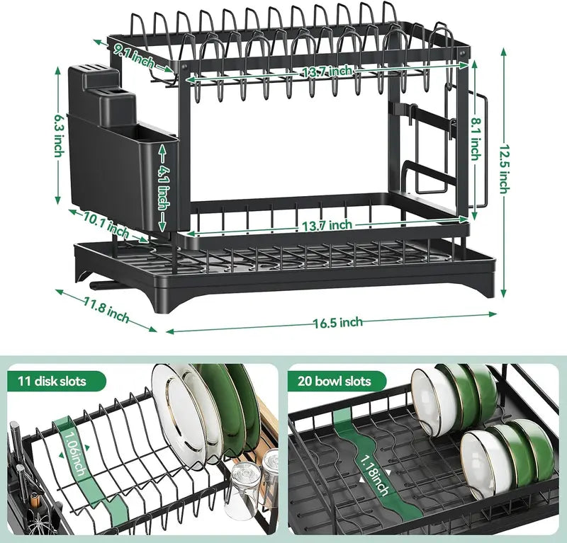 2 Tier Carbon Steel Dish Drying Rack Rapid Drain Tray & Countertop Organizer