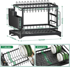 2 Tier Carbon Steel Dish Drying Rack Rapid Drain Tray & Countertop Organizer