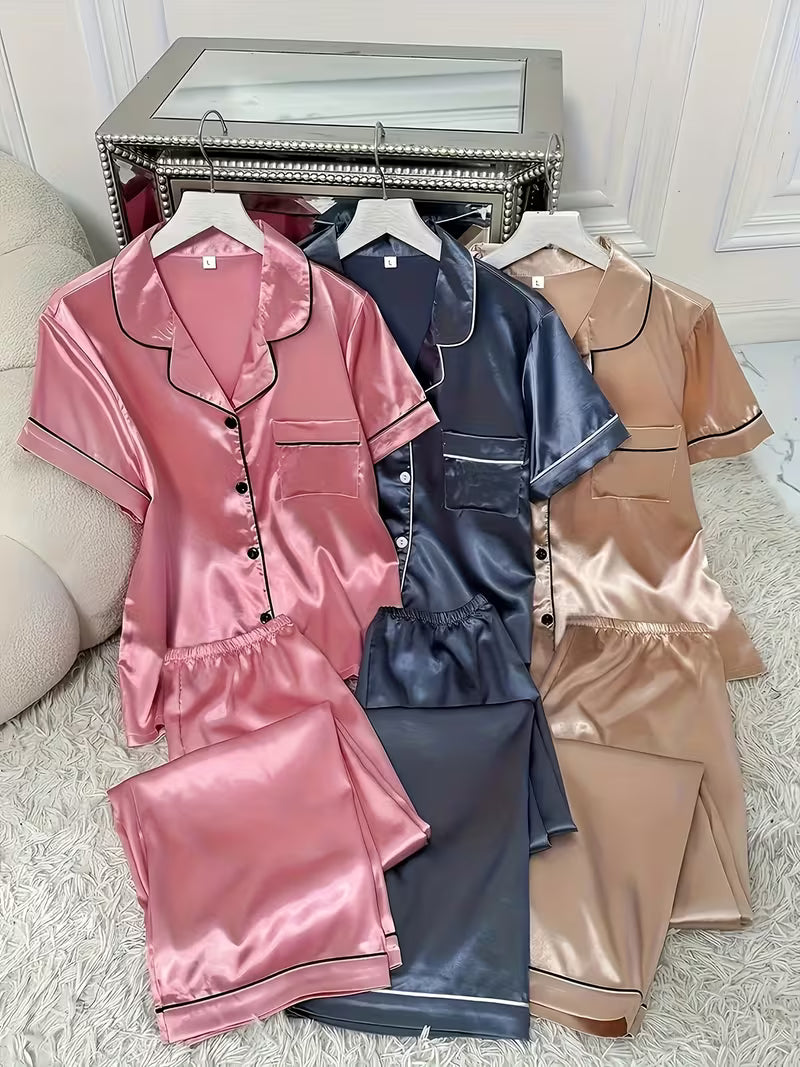 6-piece satin shirt and long pants pajama set