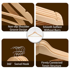 Natural Wood Coat Hangers 17.32 Inch Non Slip Pant Bar & 360° Rotating Hook