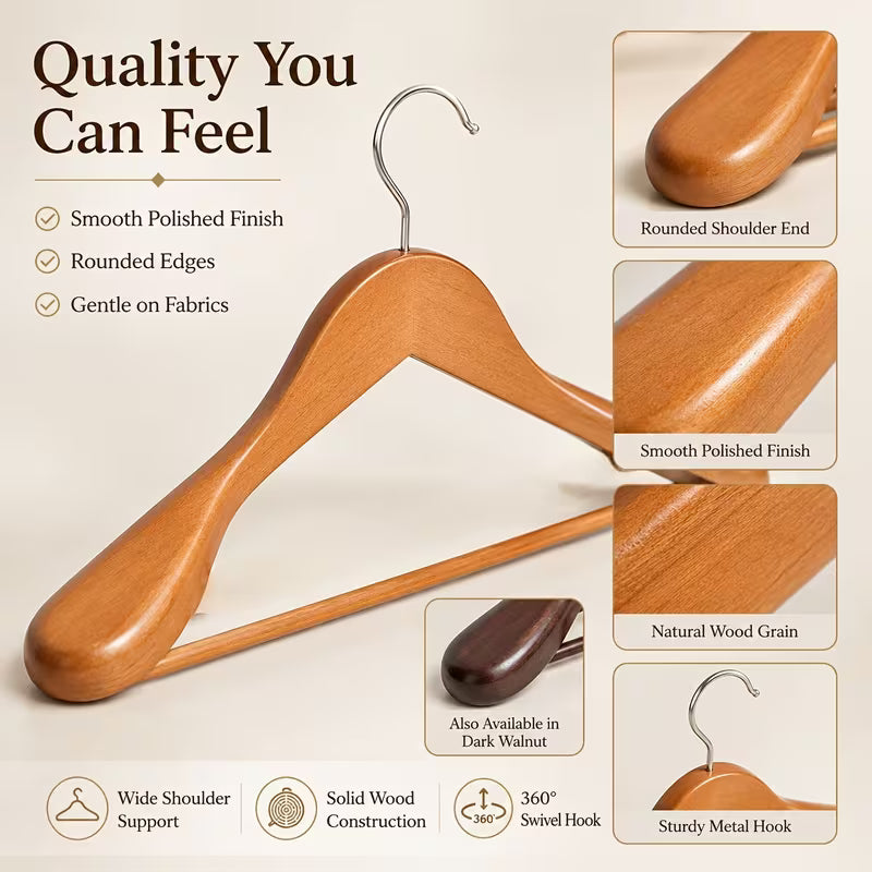 Natural Wood Coat Hangers 17.32 Inch Non Slip Pant Bar & 360° Rotating Hook