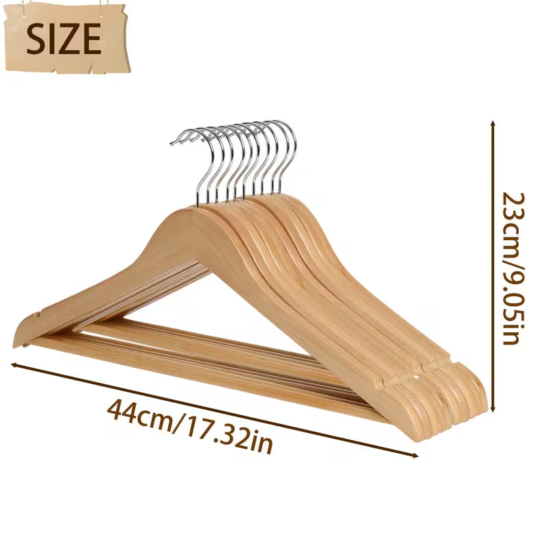 Natural Wood Coat Hangers 17.32 Inch Non Slip Pant Bar & 360° Rotating Hook