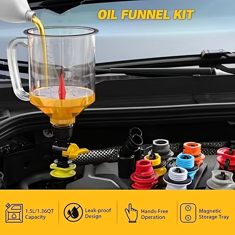 19-piece no-spill engine oil funnel kit with adapters