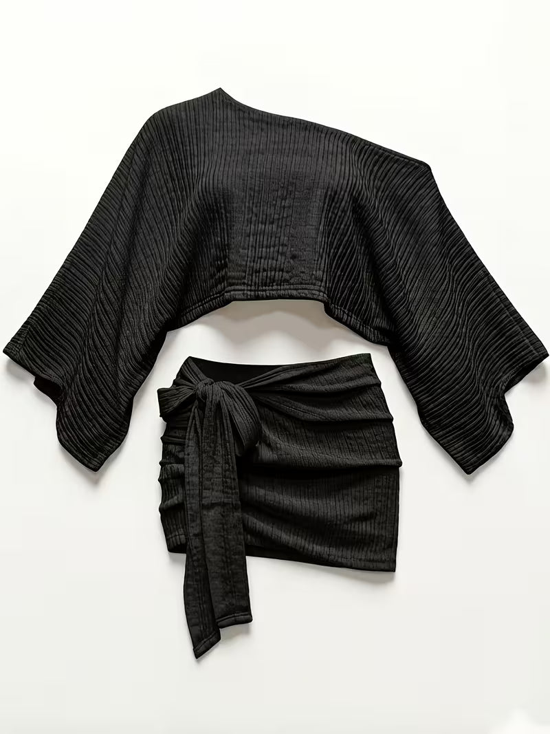 Women's Off Shoulder Two Piece Knit Set Asymmetrical Top & Pleated Skirt