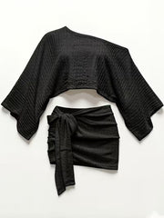 Women's Off Shoulder Two Piece Knit Set Asymmetrical Top & Pleated Skirt