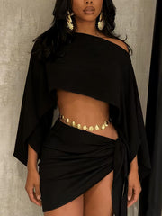 Women's Off Shoulder Two Piece Knit Set Asymmetrical Top & Pleated Skirt
