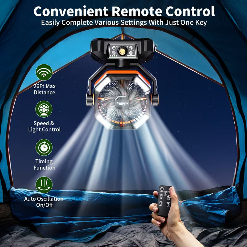 20,000mAh Rechargeable Camping Fan with LED Lanterns & Remote Control